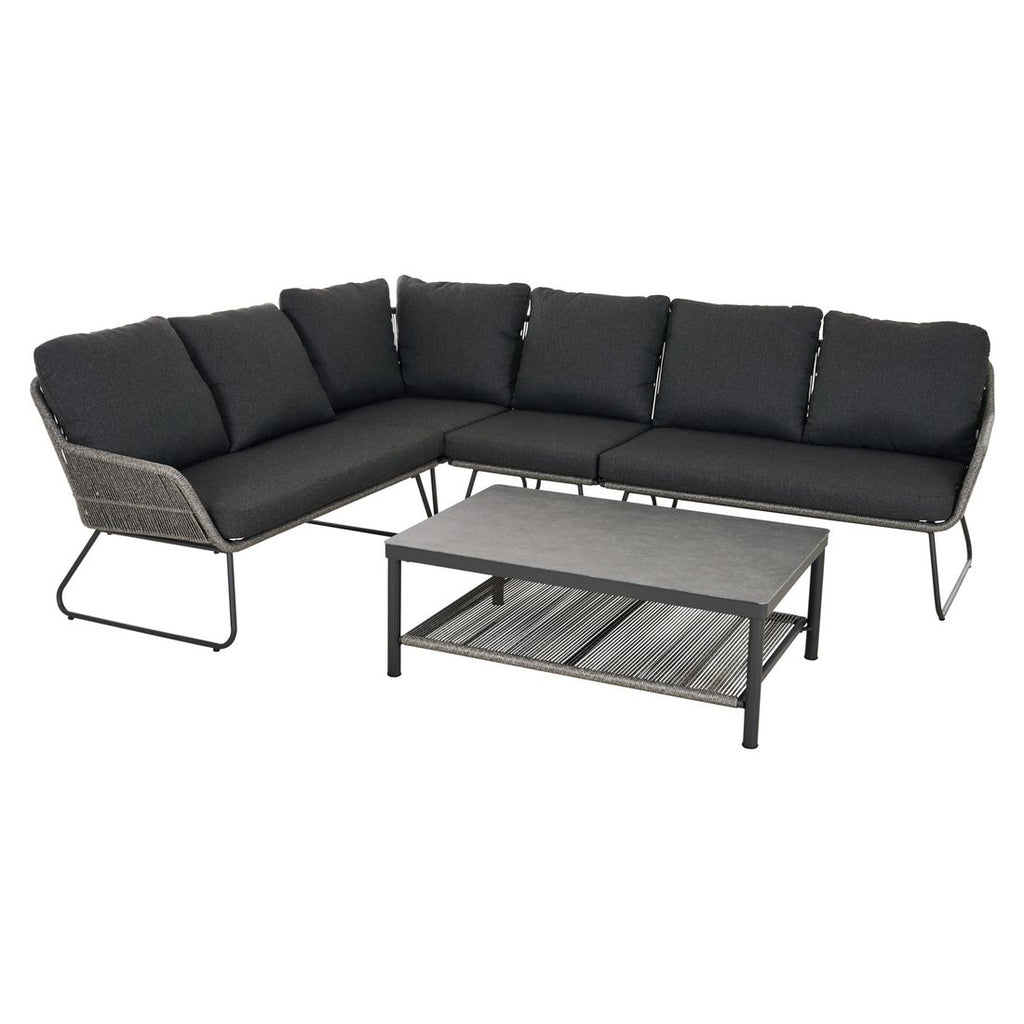 Hjørnesofa ute Kansas med loungebord aluminium flettverk bakside