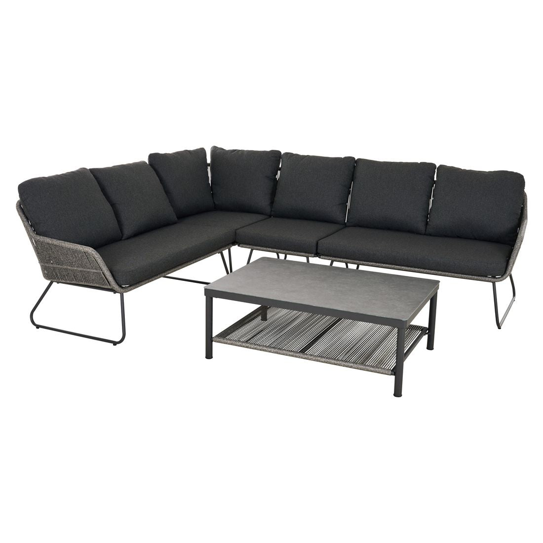 Hjørnesofa ute Kansas med loungebord aluminium flettverk bakside
