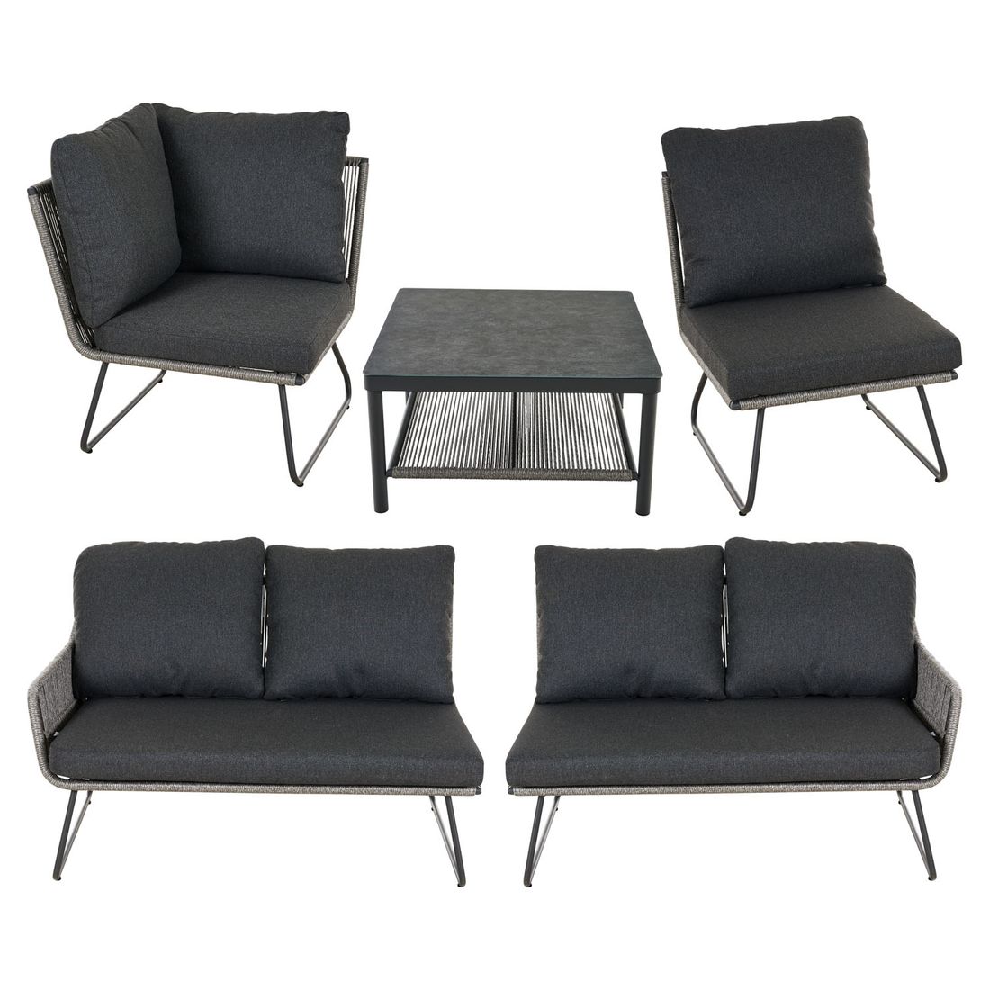 Hjørnesofa ute Kansas med loungebord aluminium/flettverk sett bakfra