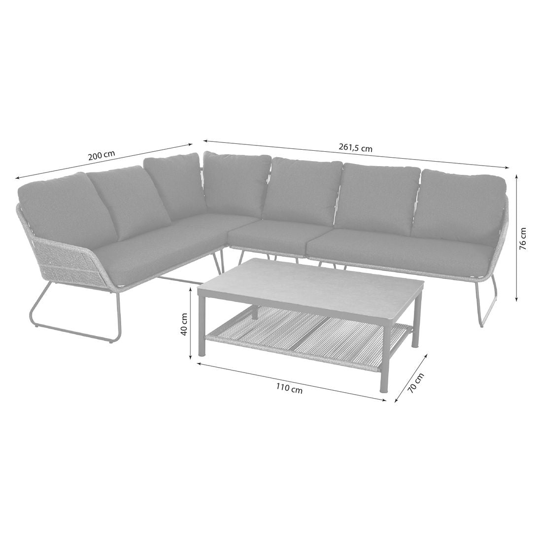 Montert Hjørnesofa ute Kansas med loungebord aluminium flettverk