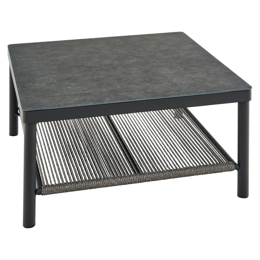 Nærbilde av bordplate på Hjørnesofa ute Kansas med loungebord aluminium/flettverk