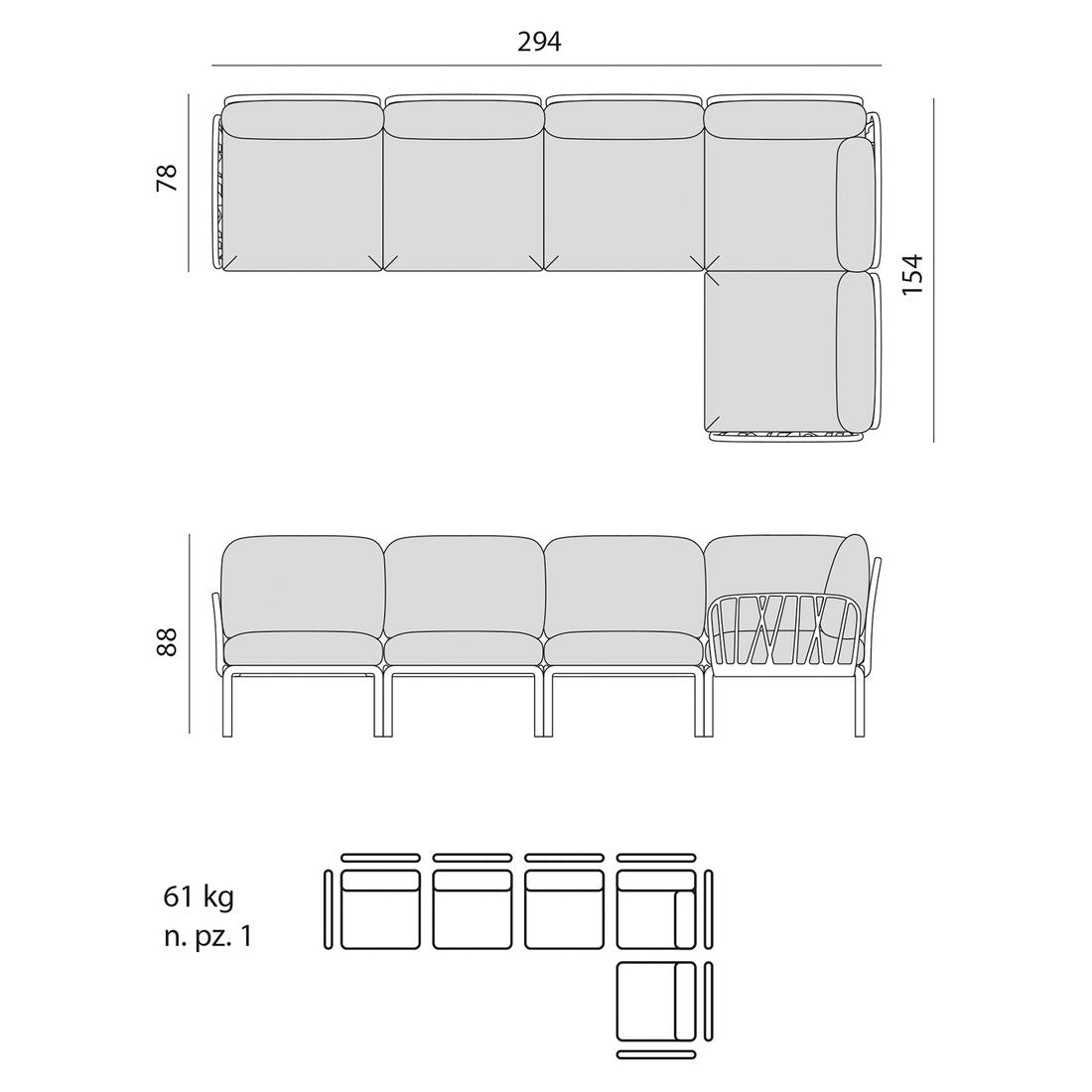 Nærbilde av polstring på Hjørnesofa ute Komodo plast/tekstil 294x154 cm - Nardi
