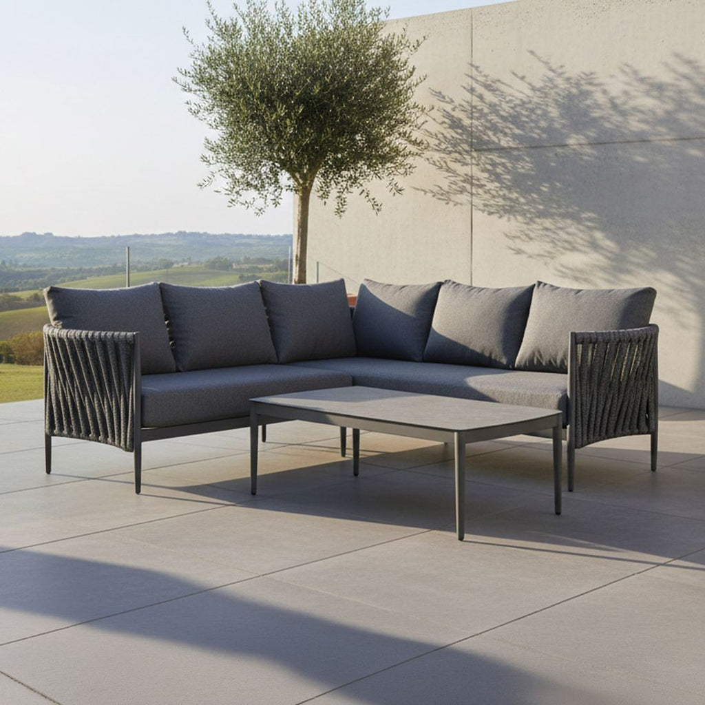 Hjørnesofa ute Lena aluminium tau olefin 217x207 cm forfra