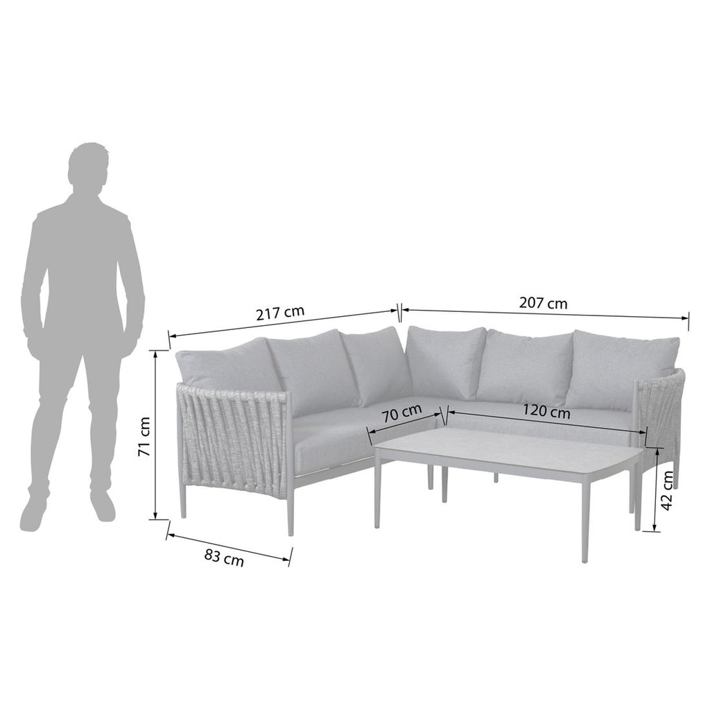 Detalj av flettet tau på Hjørnesofa ute Lena aluminium tau olefin 217x207 cm