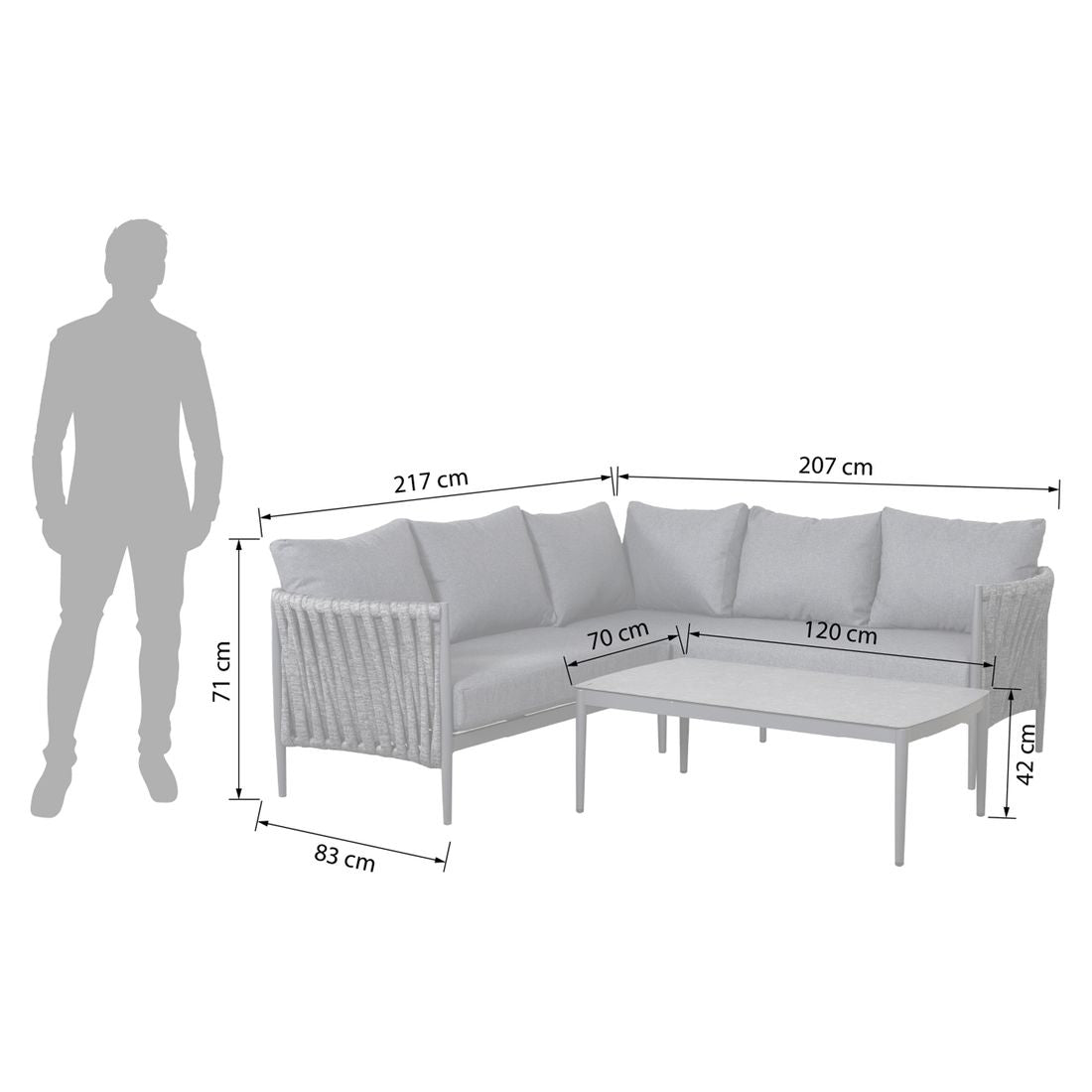 Detalj av flettet tau på Hjørnesofa ute Lena aluminium tau olefin 217x207 cm