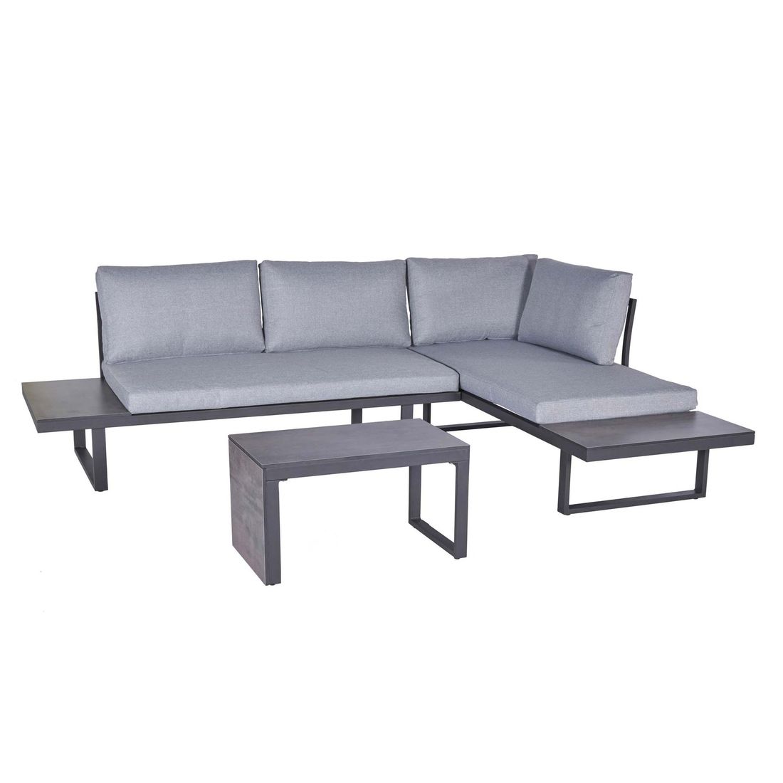 Hjørnesofa ute Leyaro med loungebord aluminium HPL bakside