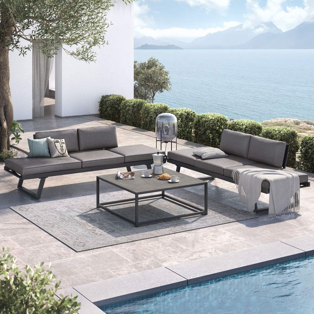 Hjørnesofa ute Lucca aluminium/keramikk 274x274 cm - OUTLIV forfra