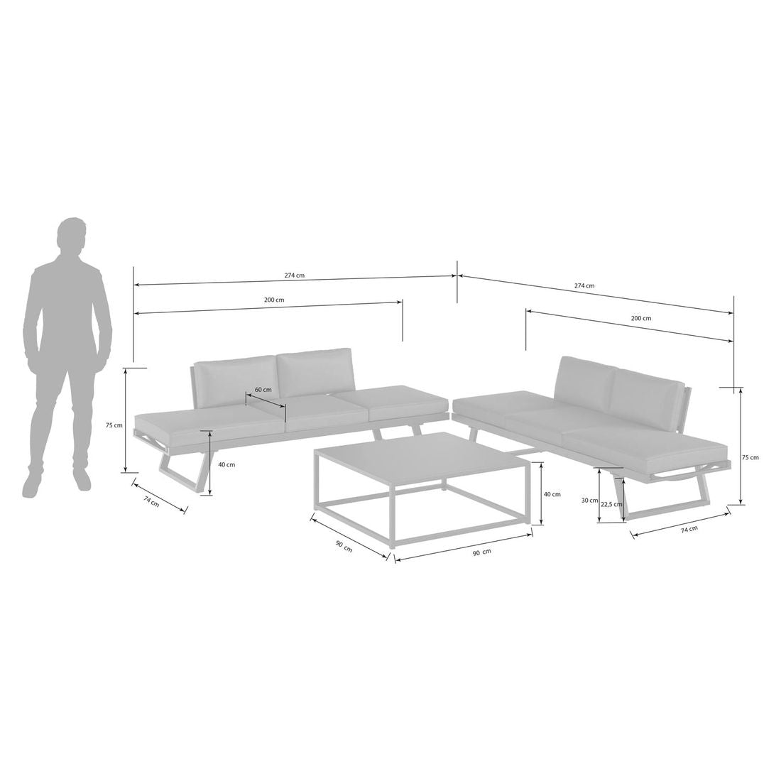 Detalj av aluminiumsramme på Hjørnesofa ute Lucca aluminium/keramikk 274x274 cm - OUTLIV