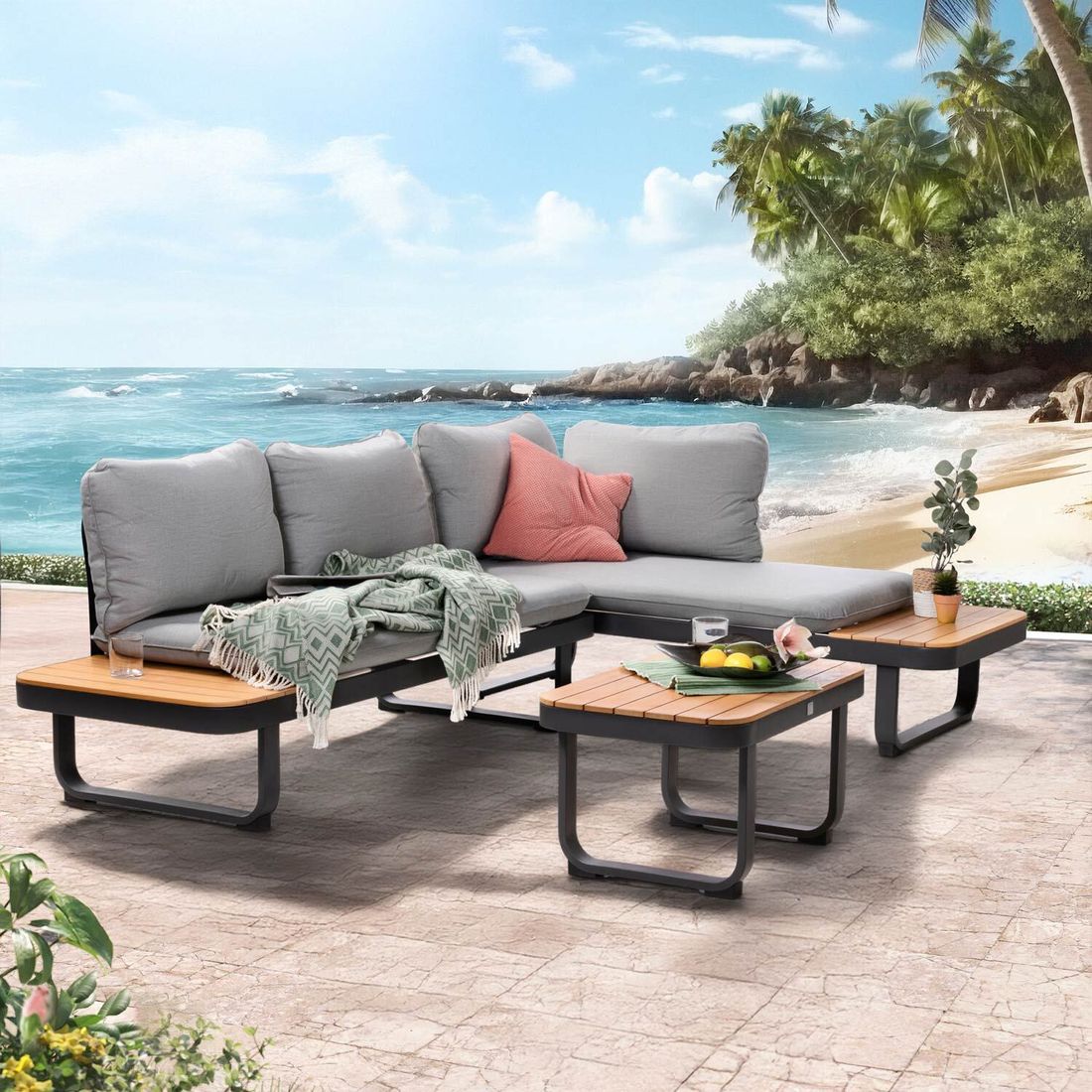Hjørnesofa ute Madagaskar aluminium akasie 253x175 cm - OUTLIV forfra