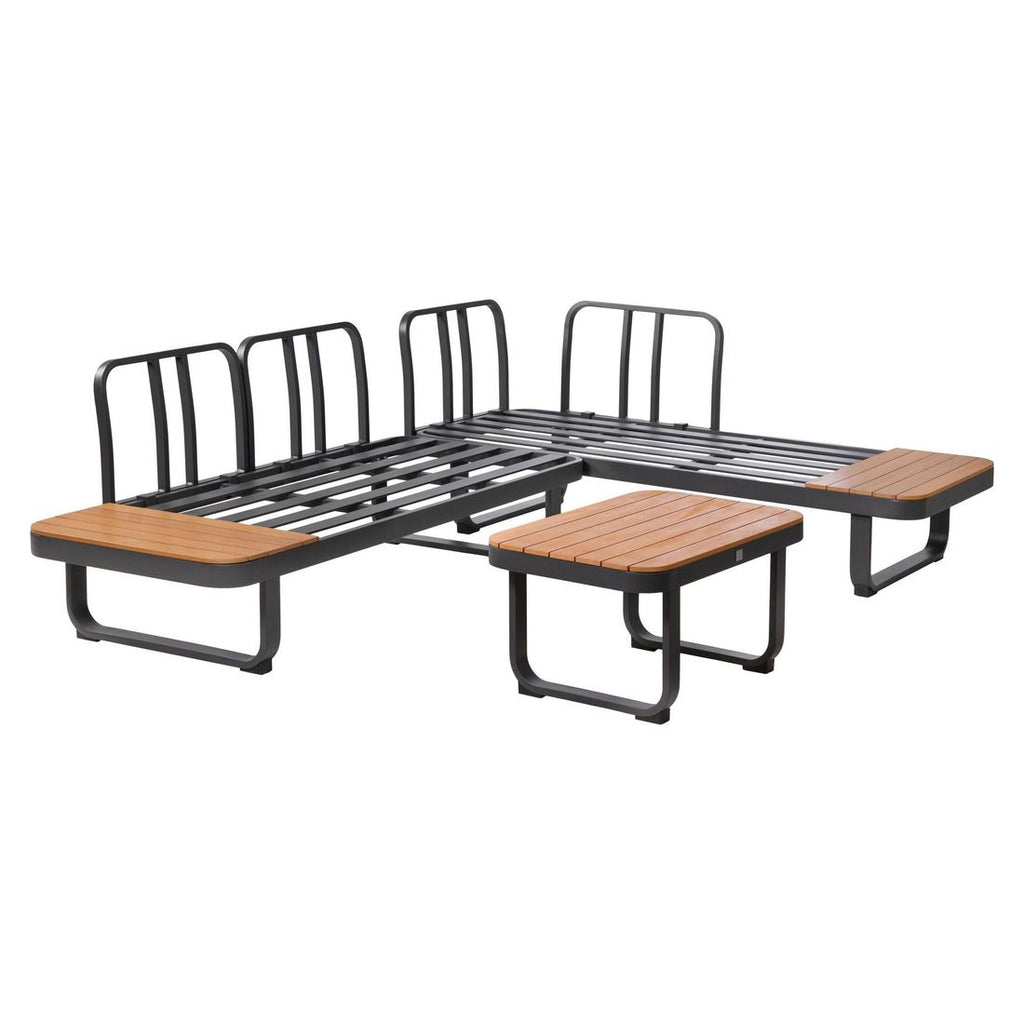Nærbilde av akasietre bordplate på Hjørnesofa ute Madagaskar aluminium akasie 253x175 cm - OUTLIV