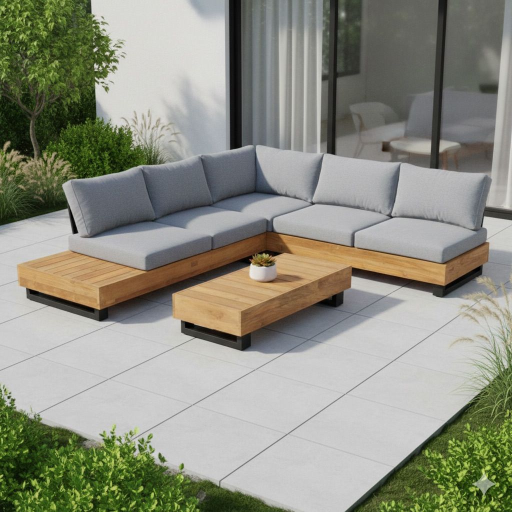 Hjørnesofa ute Madrid med loungebord resirkulert teak/olefin forfra