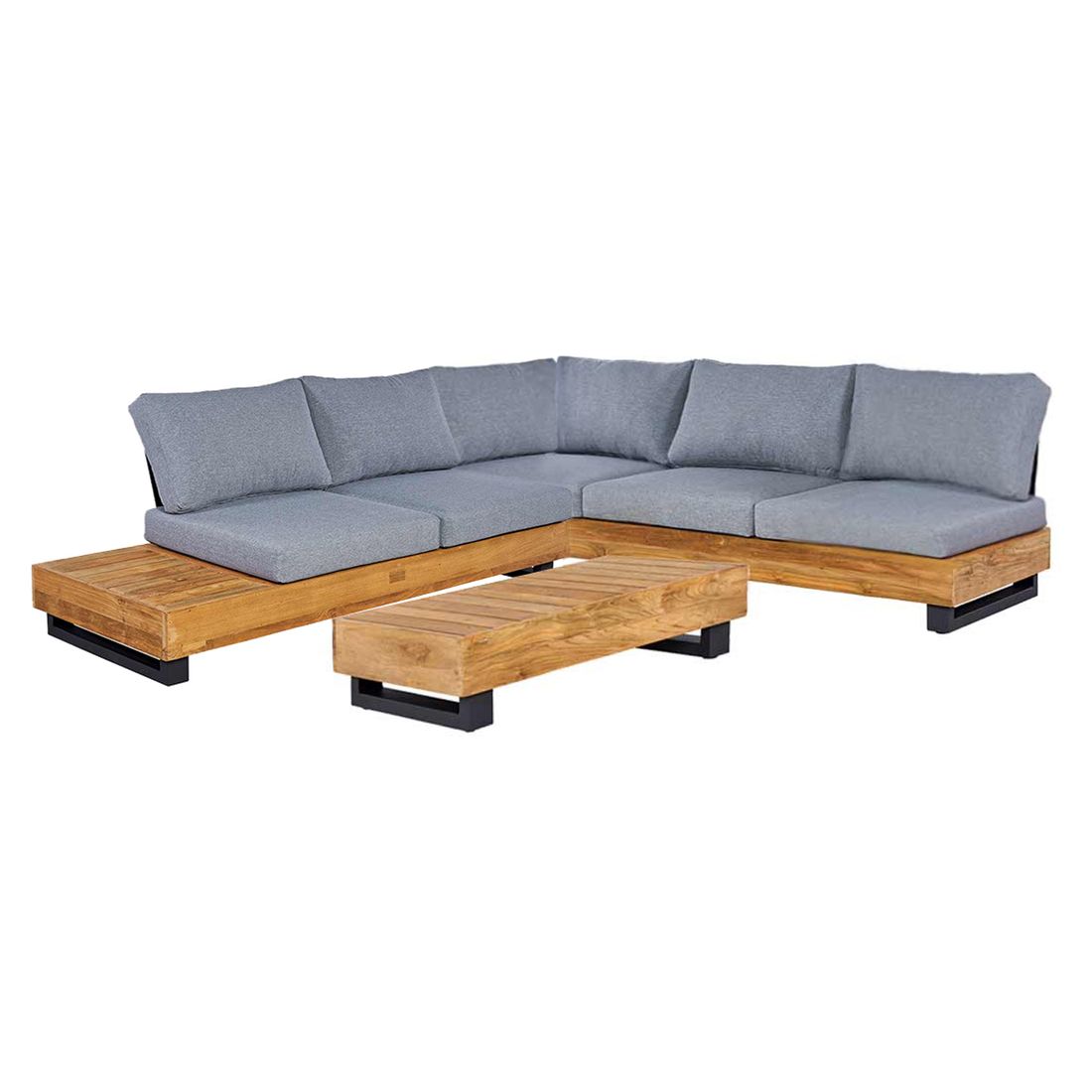 Hjørnesofa ute Madrid med loungebord resirkulert teak/olefin bakside