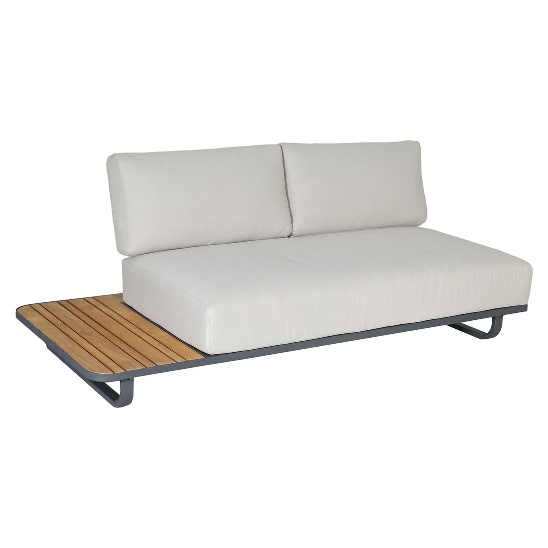 Nærbilde av akasietre bordplate på Hjørnesofa ute Malibu med loungebord aluminium 187x187 cm