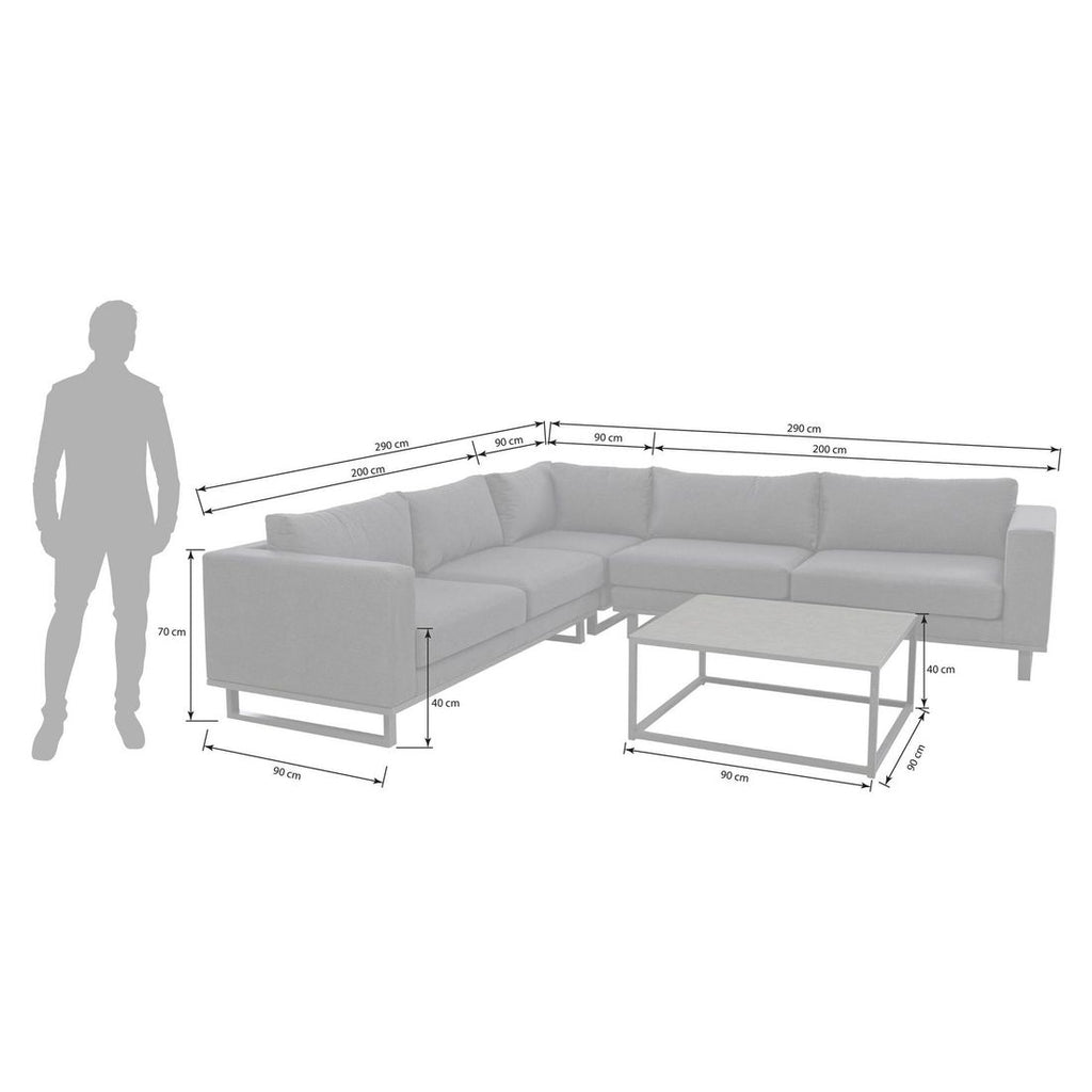 Detalj av stoff og ramme på Hjørnesofa ute Miami aluminium/Sunbrella 290x290 cm