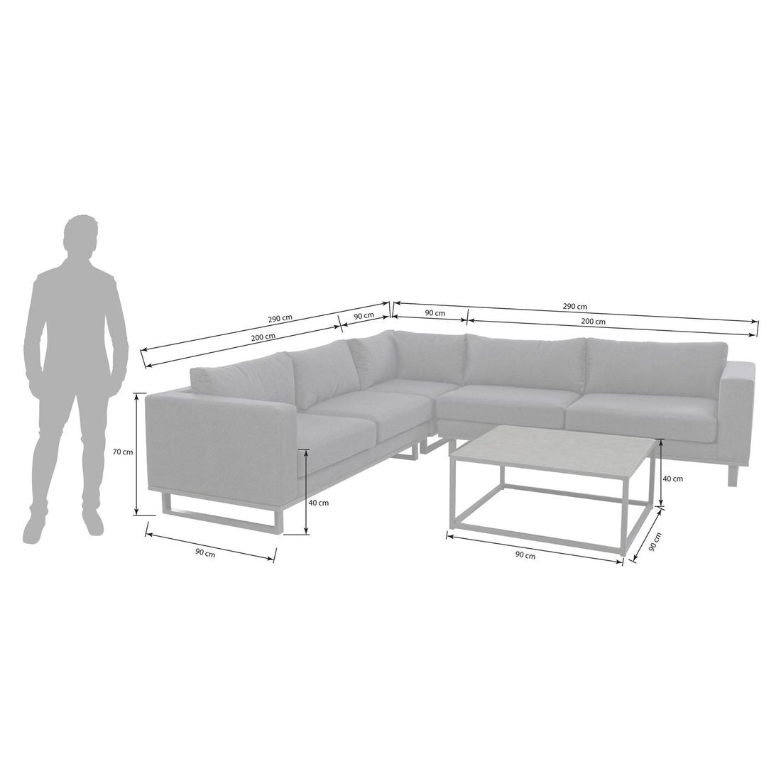 Detalj av stoff og ramme på Hjørnesofa ute Miami aluminium/Sunbrella 290x290 cm