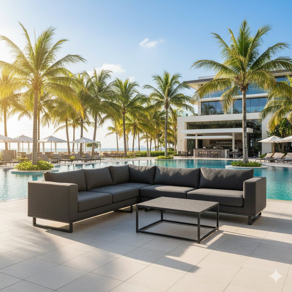 Hjørnesofa ute Miami aluminium/Sunbrella 290x290 cm front