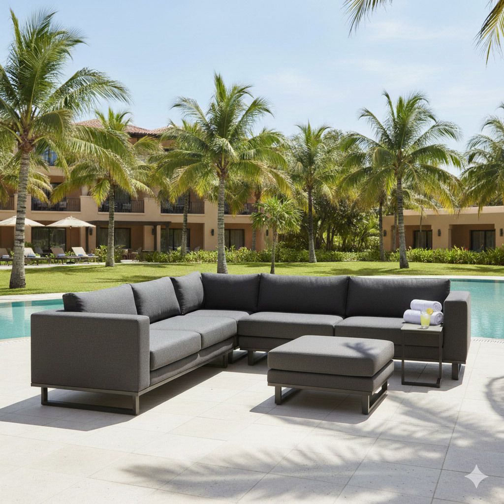 Hjørnesofa ute Miami aluminium Sunbrella 290x290 cm front