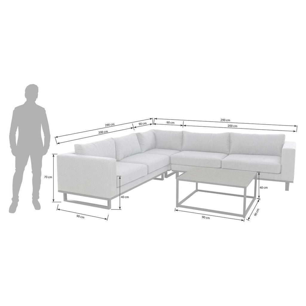 Hjørnesofa ute Miami med loungebord aluminium detalj av stoff