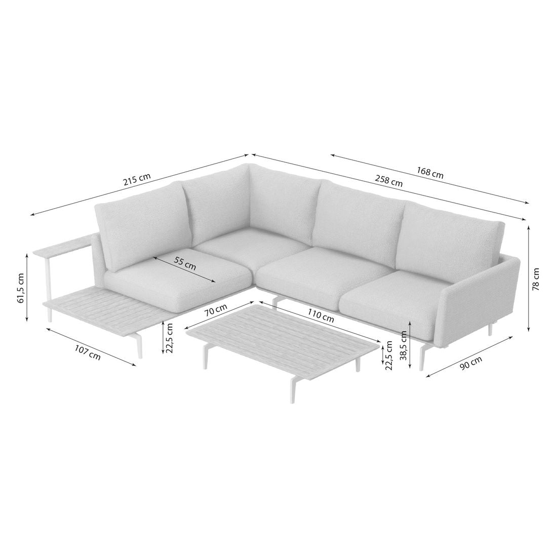 Detalj av stoff og ramme på Hjørnesofa ute Misako med loungebord