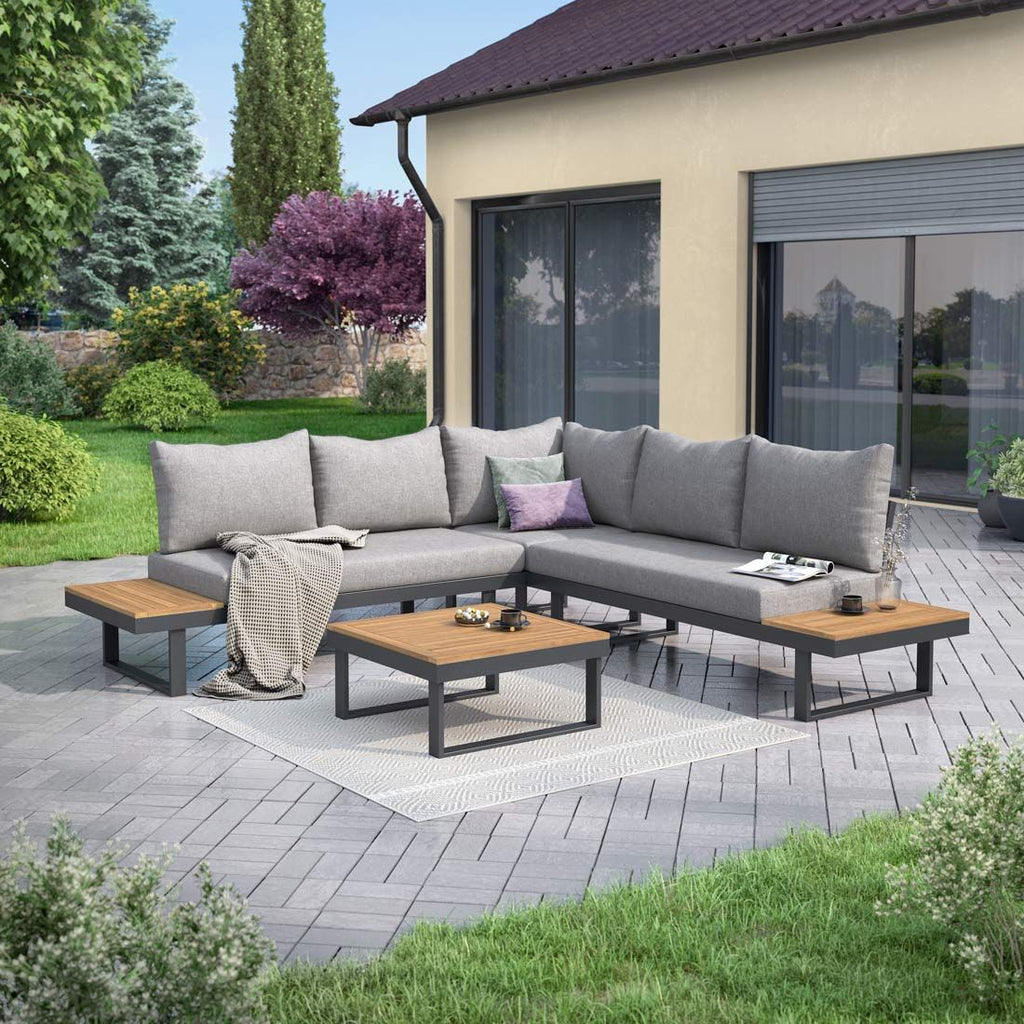 Hjørnesofa ute Naxos 245x245 cm aluminium/akasie forfra