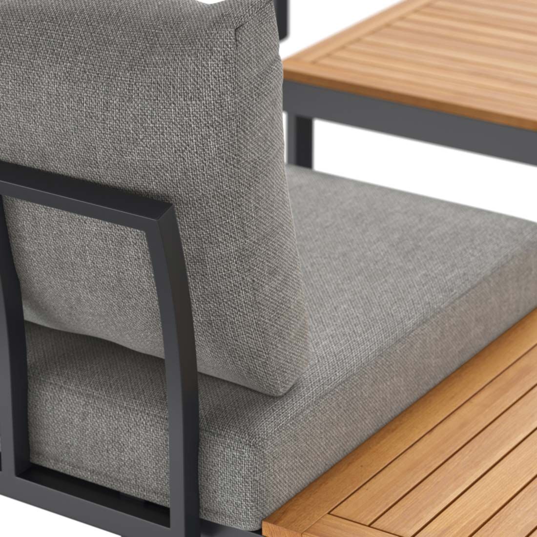 Hjørnesofa ute Naxos 245x245 cm aluminium/akasie i bruk med gjester