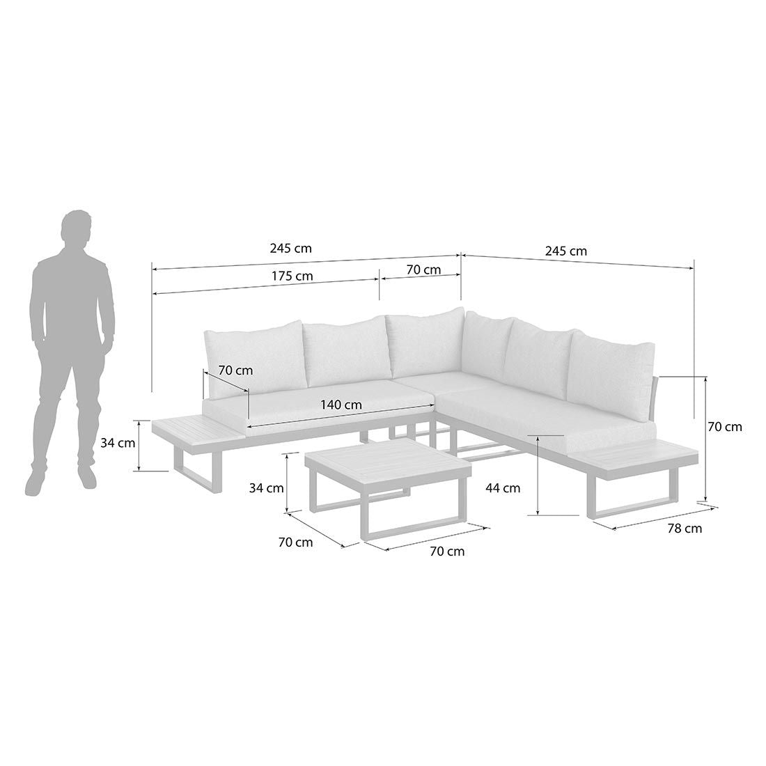 Mørk grå aluminiumsramme på Hjørnesofa ute Naxos 245x245 cm aluminium/akasie