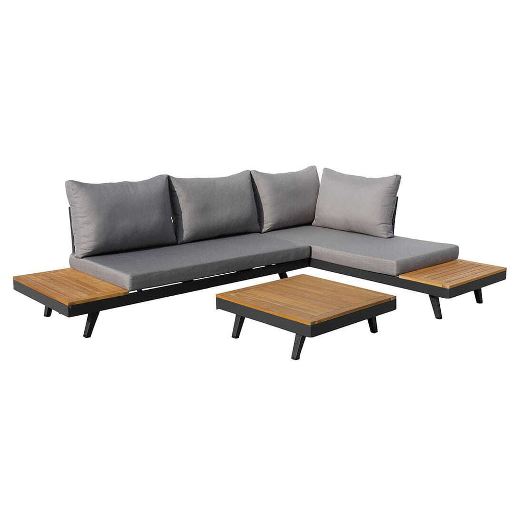 Hjørnesofa ute Naxos med loungebord aluminium/akasie bakside