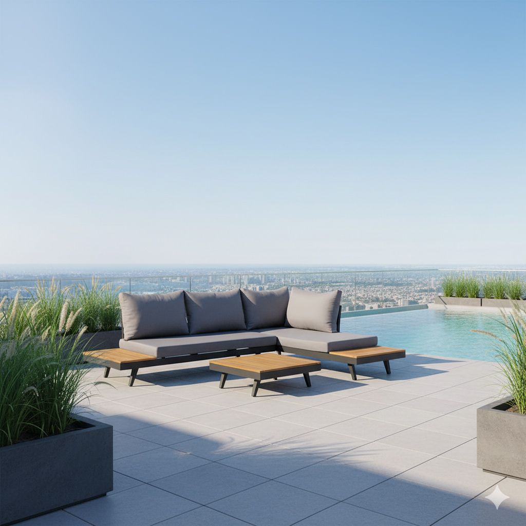 Hjørnesofa ute Naxos med loungebord aluminium/akasie sett forfra