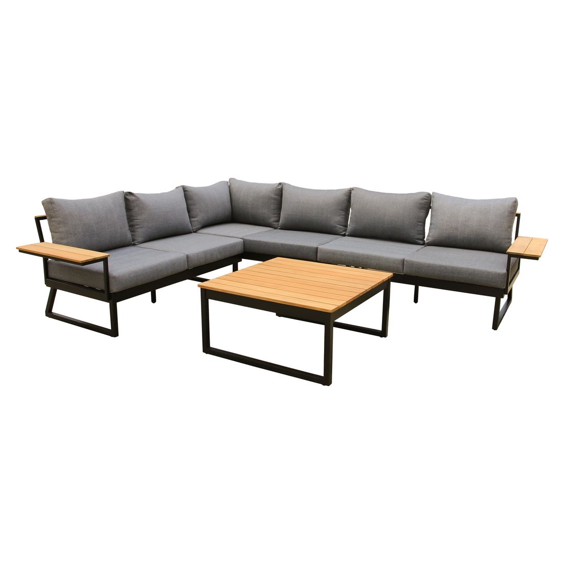 Hjørnesofa ute Nelly med loungebord aluminium/akasie bakside