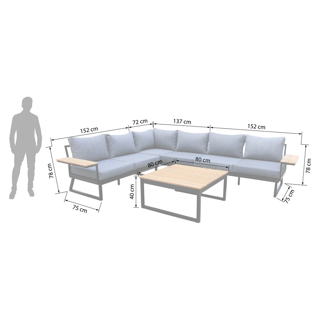 Detalj av aluminiumramme og akasietre bordplate på Hjørnesofa ute Nelly