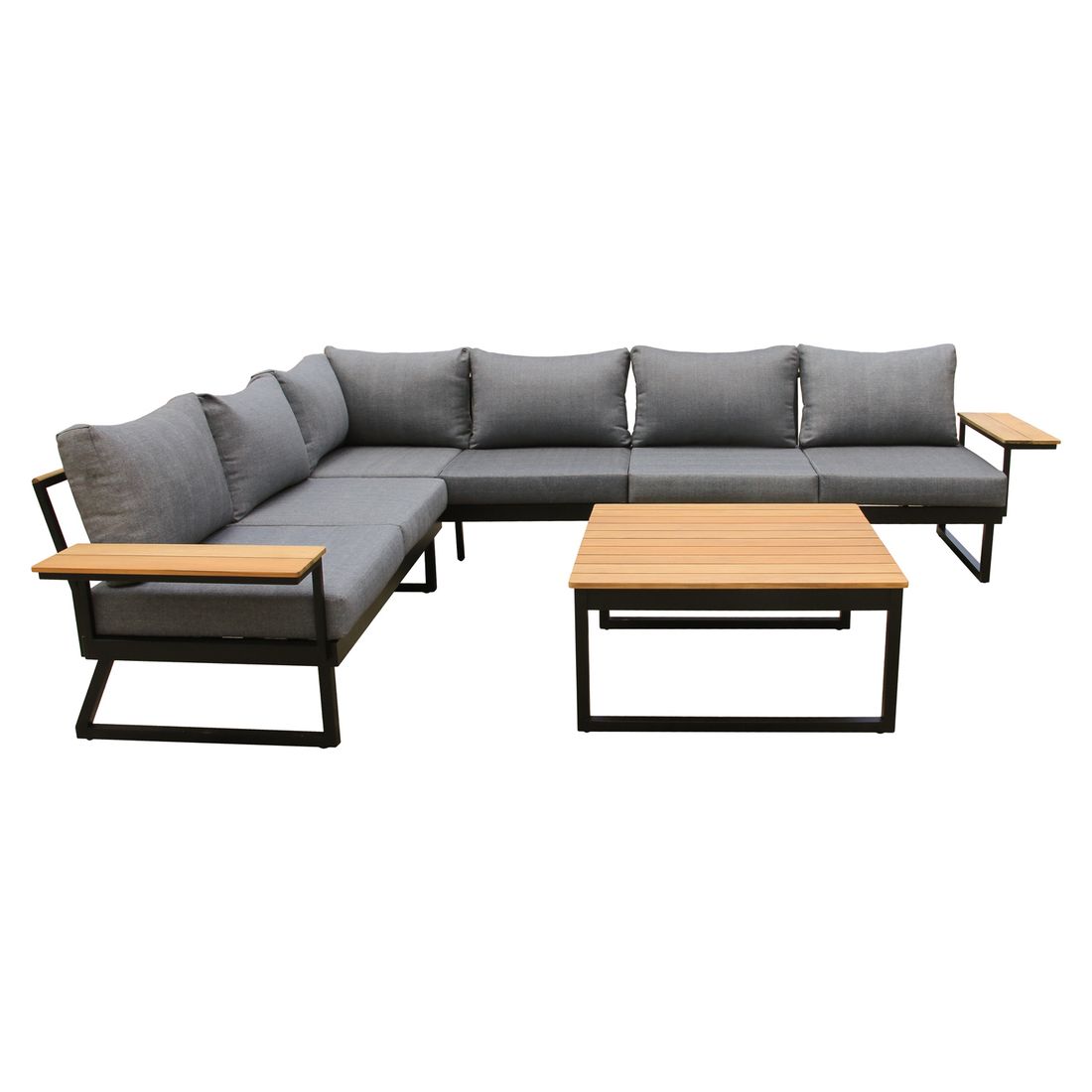 Montert Hjørnesofa ute Nelly med loungebord aluminium/akasie på terrasse