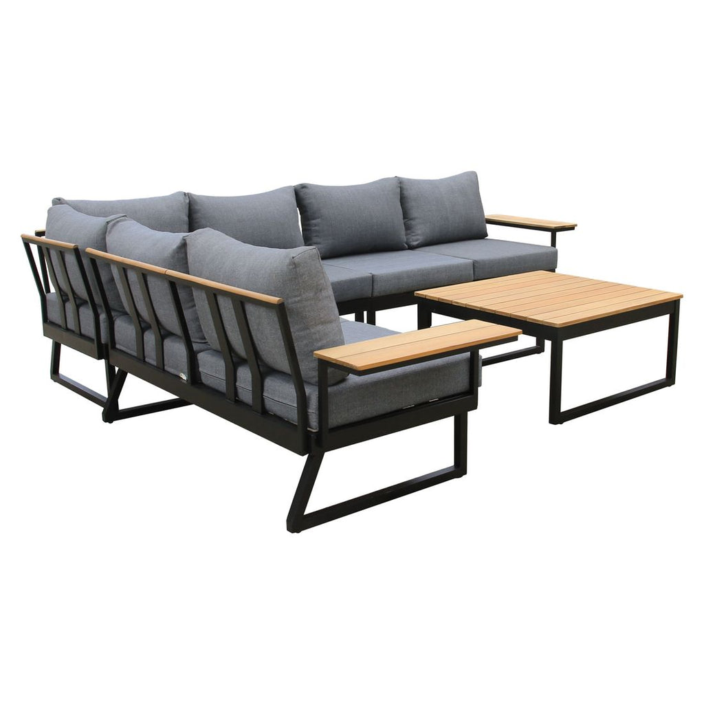 Hjørnesofa ute Nelly med loungebord aluminium/akasie i uterom