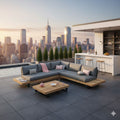 Hjørnesofa ute New York aluminium/teak 310x310 cm med loungebord forfra