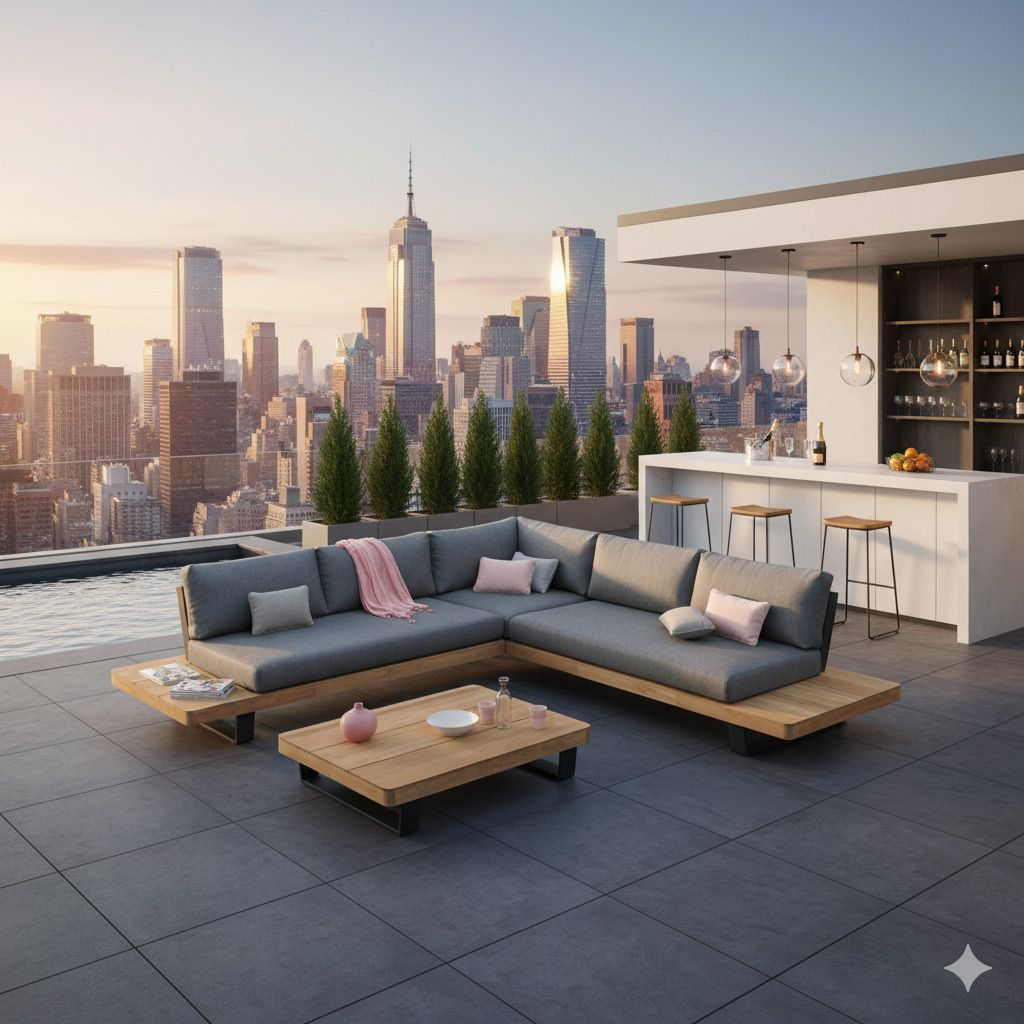 Hjørnesofa ute New York aluminium/teak 310x310 cm med loungebord forfra