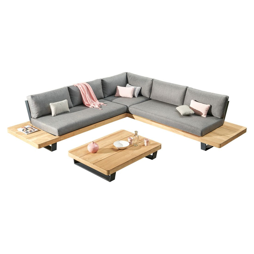 Hjørnesofa ute New York aluminium/teak 310x310 cm med loungebord bakside