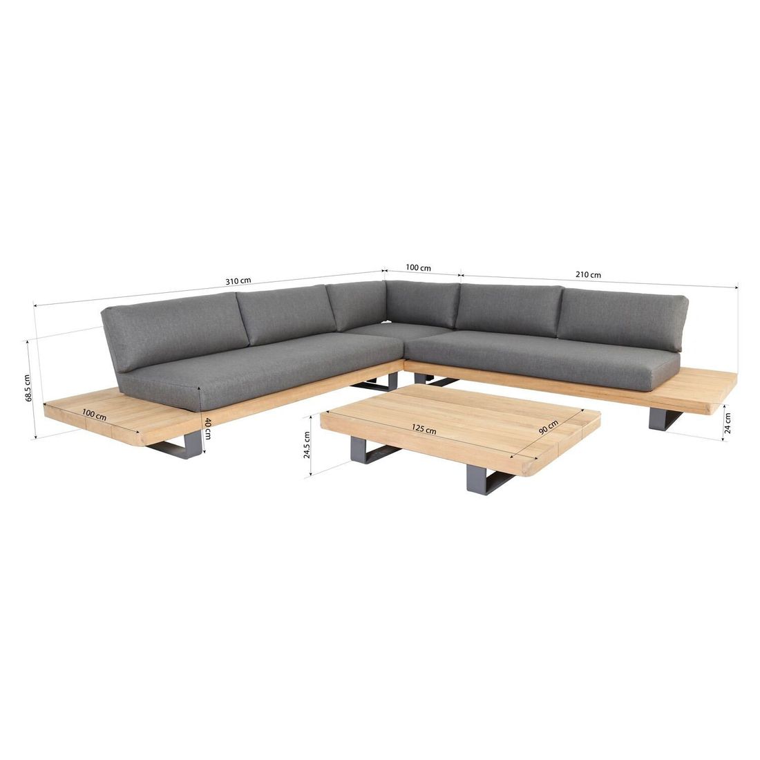 Detalj av hjørnesofa ute New York aluminium/teak 310x310 cm med loungebord