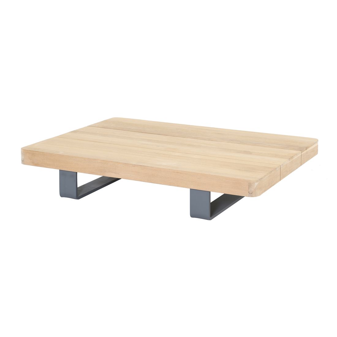 Nærbilde av teakbord på hjørnesofa ute New York aluminium/teak 310x310 cm med loungebord
