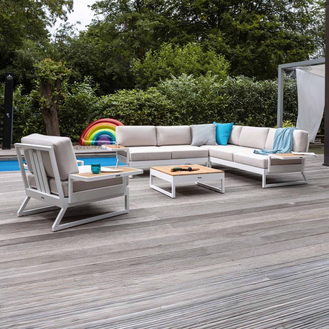 Hjørnesofa ute Ocean Skid Platform med loungebord aluminium/teak forfra