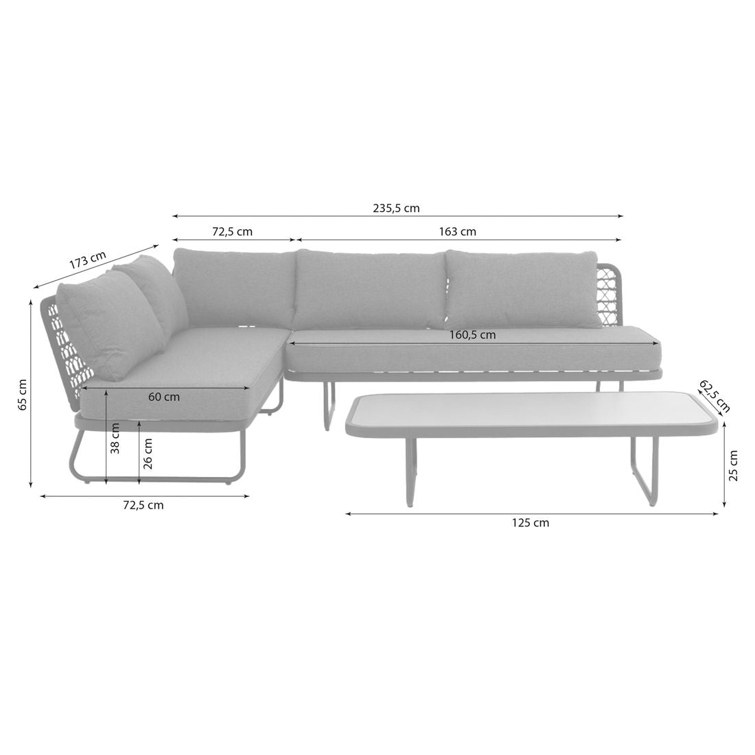 Detalj av Hjørnesofa ute Ohio med loungebord stål tau materiale