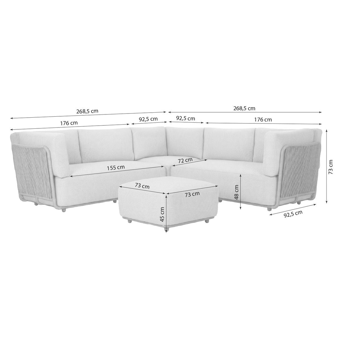 Detaljbilde av Hjørnesofa ute Pacific med loungebord stål tau