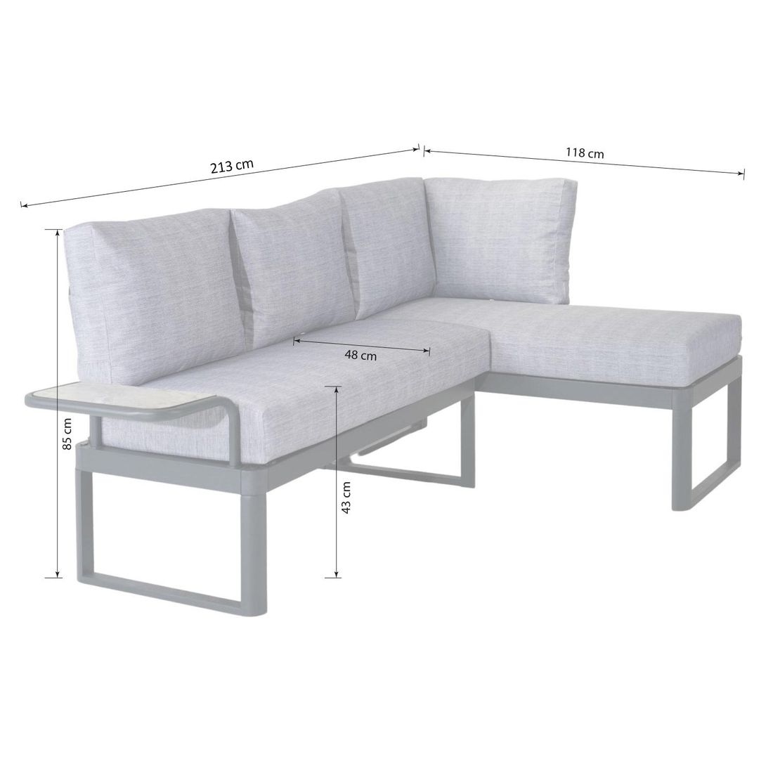 Detalj av metallramme på Hjørnesofa ute Pandora aluminium/HPL 213x118 cm - OUTLIV