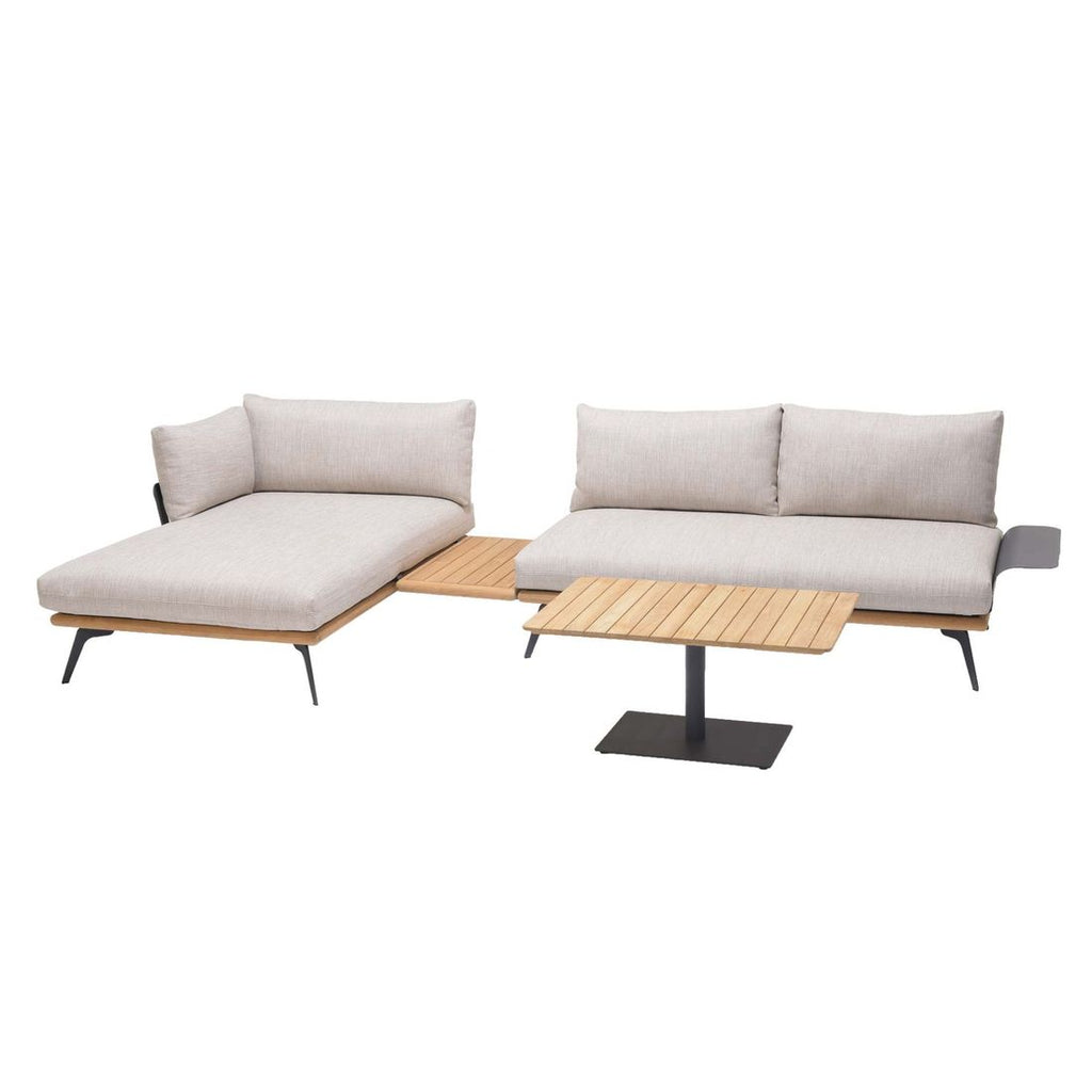 Hjørnesofa ute Pearl med loungebord aluminium/teak forfra