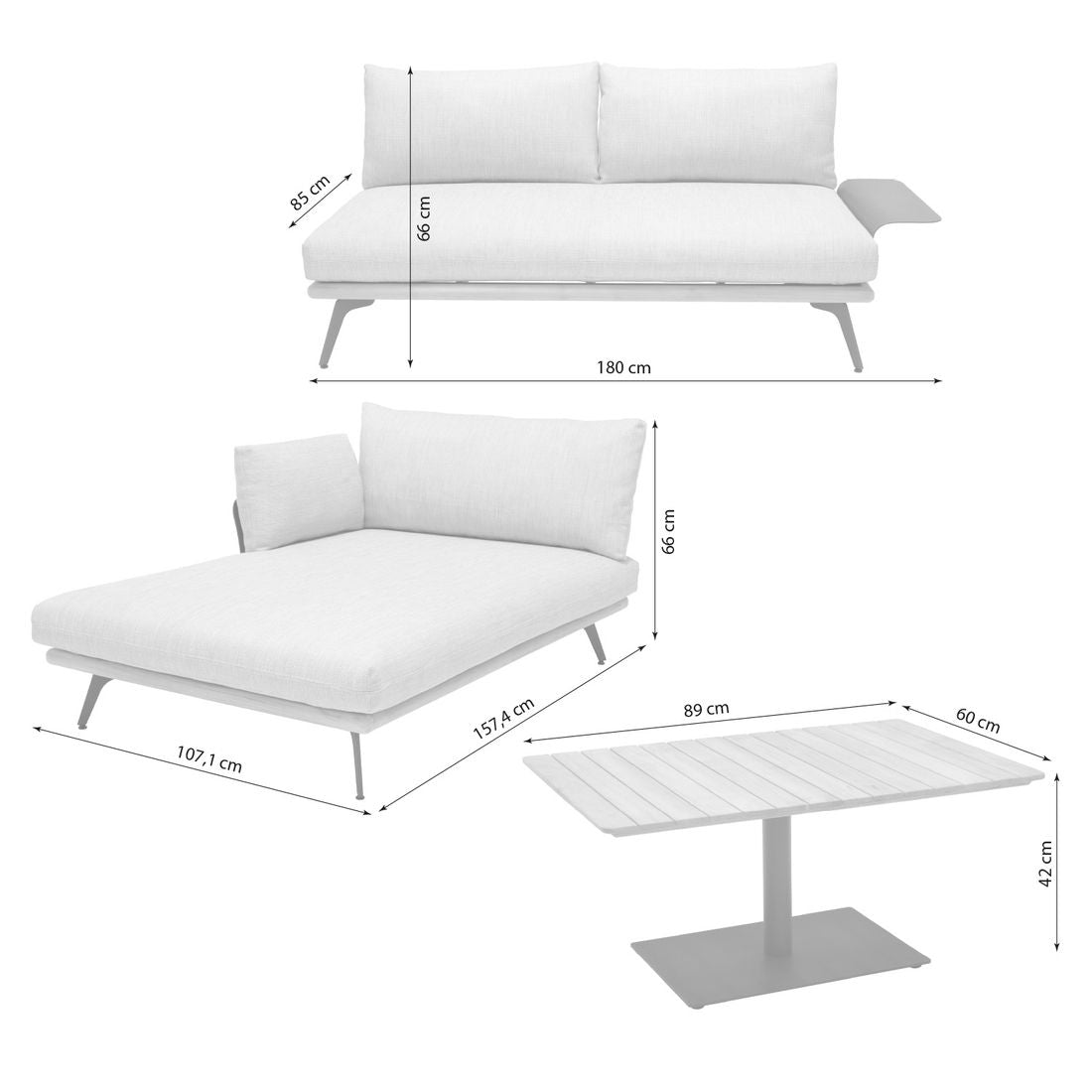 Detalj av hjørnesofa ute Pearl med teak og Olefin-stoff