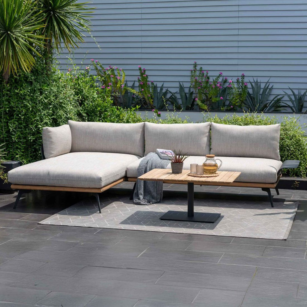Hjørnesofa ute Pearl 287x157 cm aluminium teak forfra