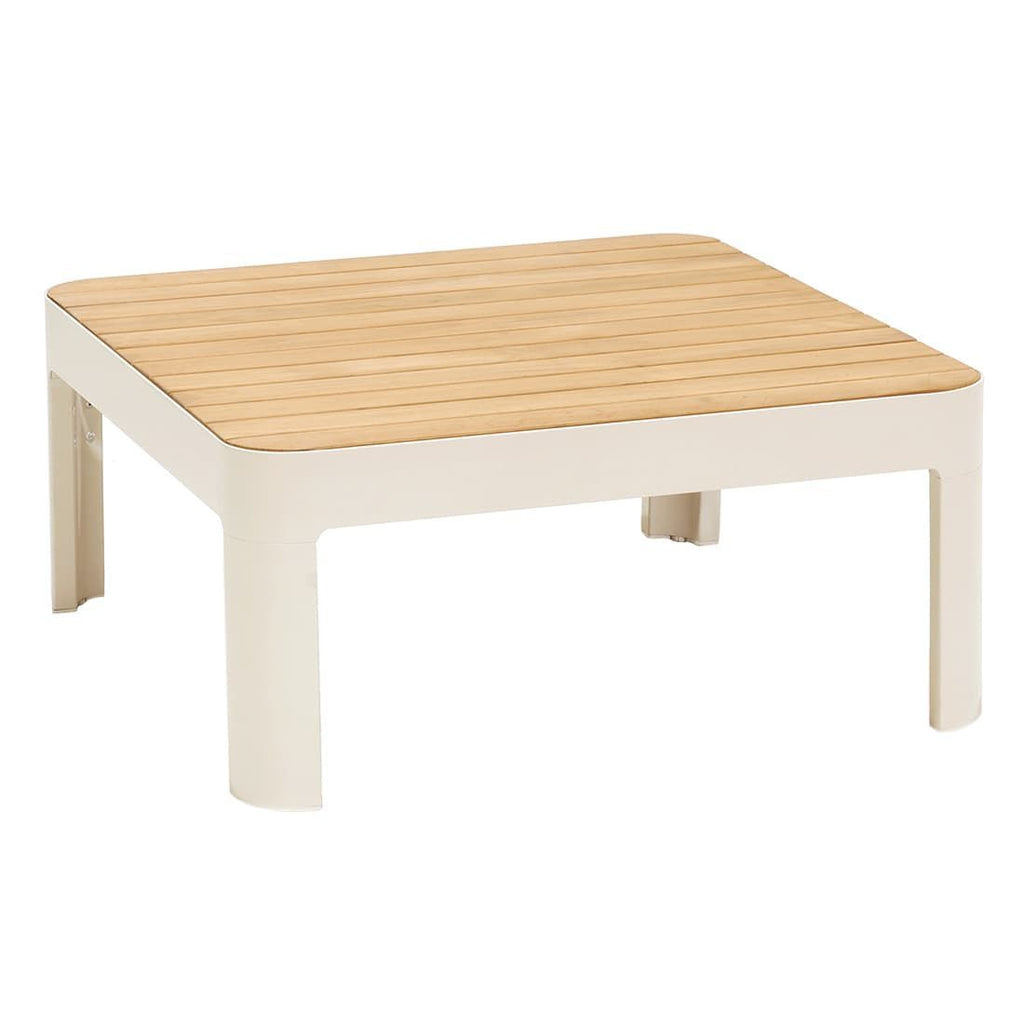 Montert Hjørnesofa ute Portals med loungebord aluminium/teak på terrasse