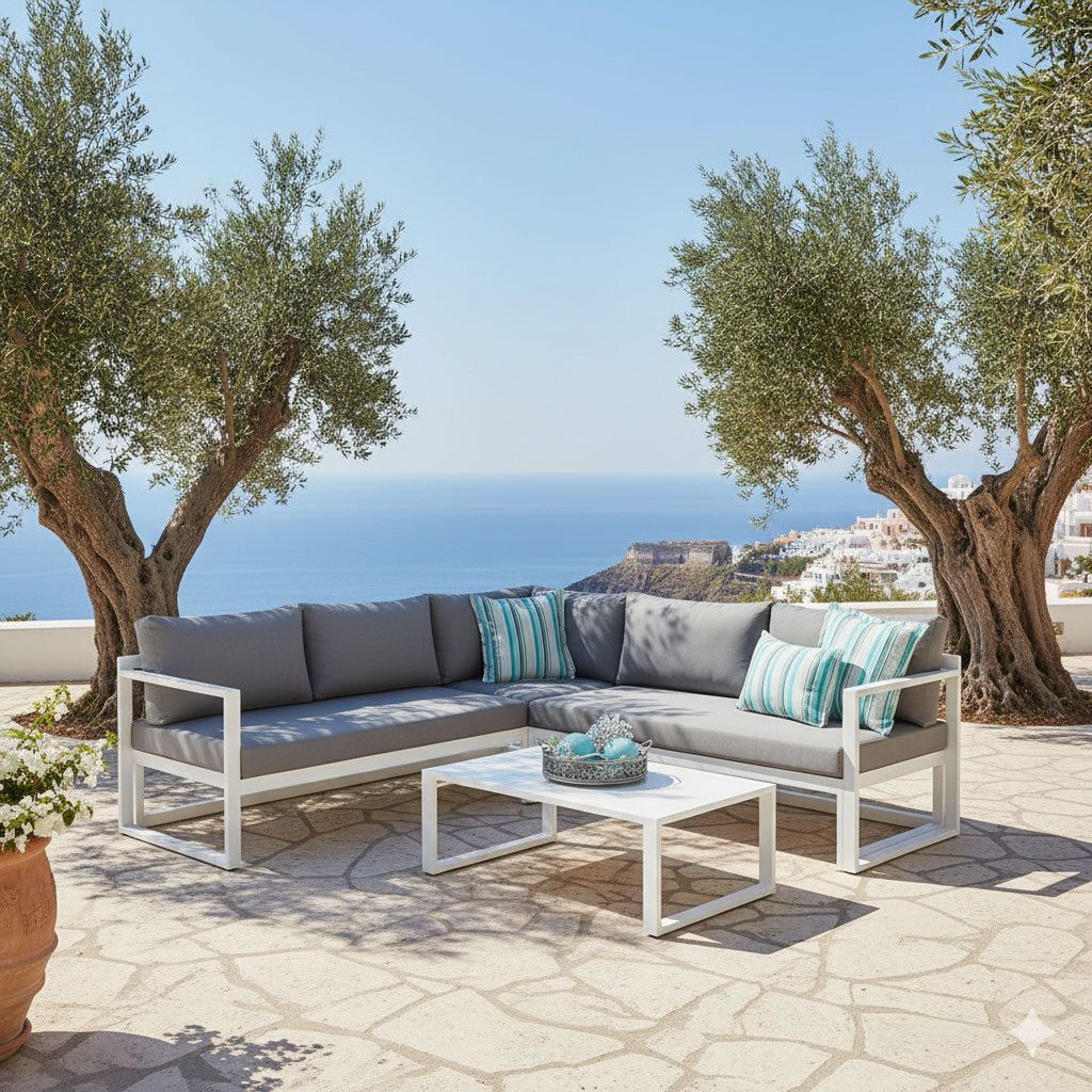 Hjørnesofa ute Rhodos med loungebord aluminium forfra