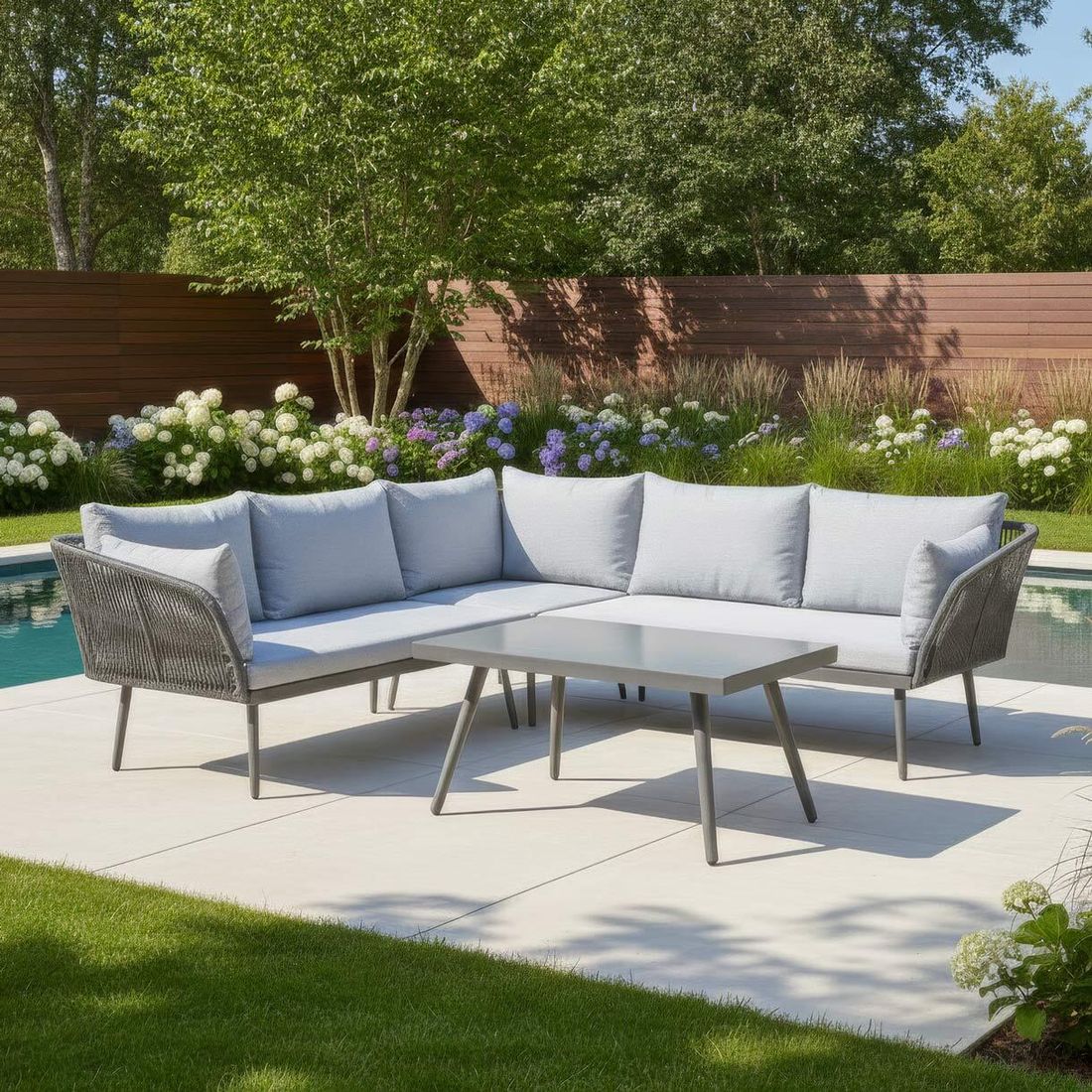Hjørnesofa ute Saigon med loungebord aluminium tau forfra