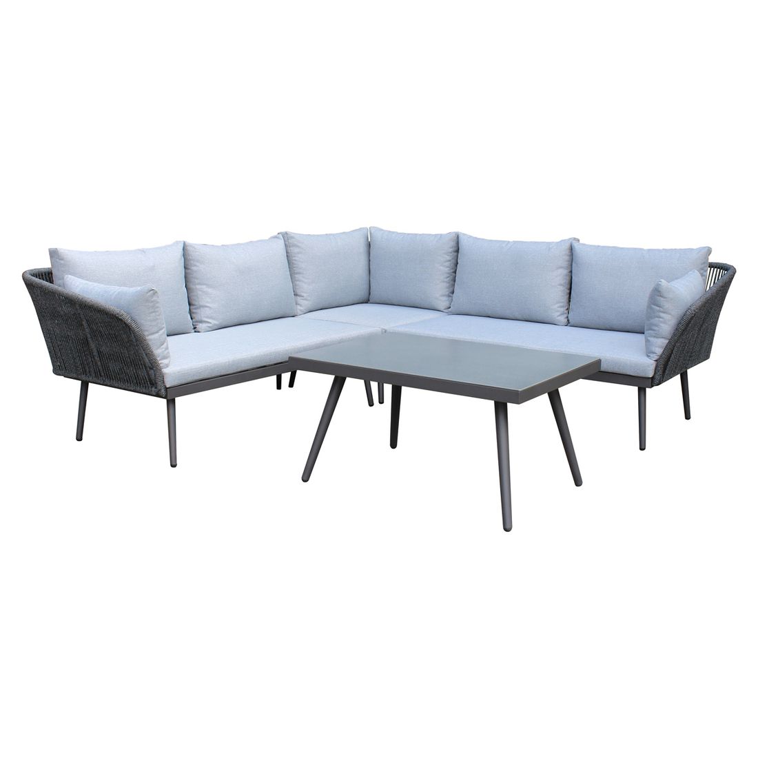Hjørnesofa ute Saigon med loungebord aluminium tau bakside