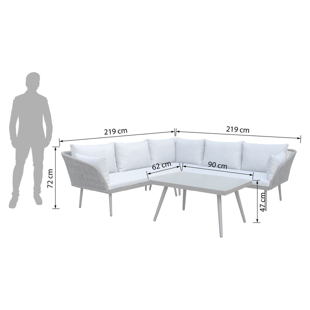 Hjørnesofa ute Saigon med loungebord aluminium tau detalj av tauflettverk