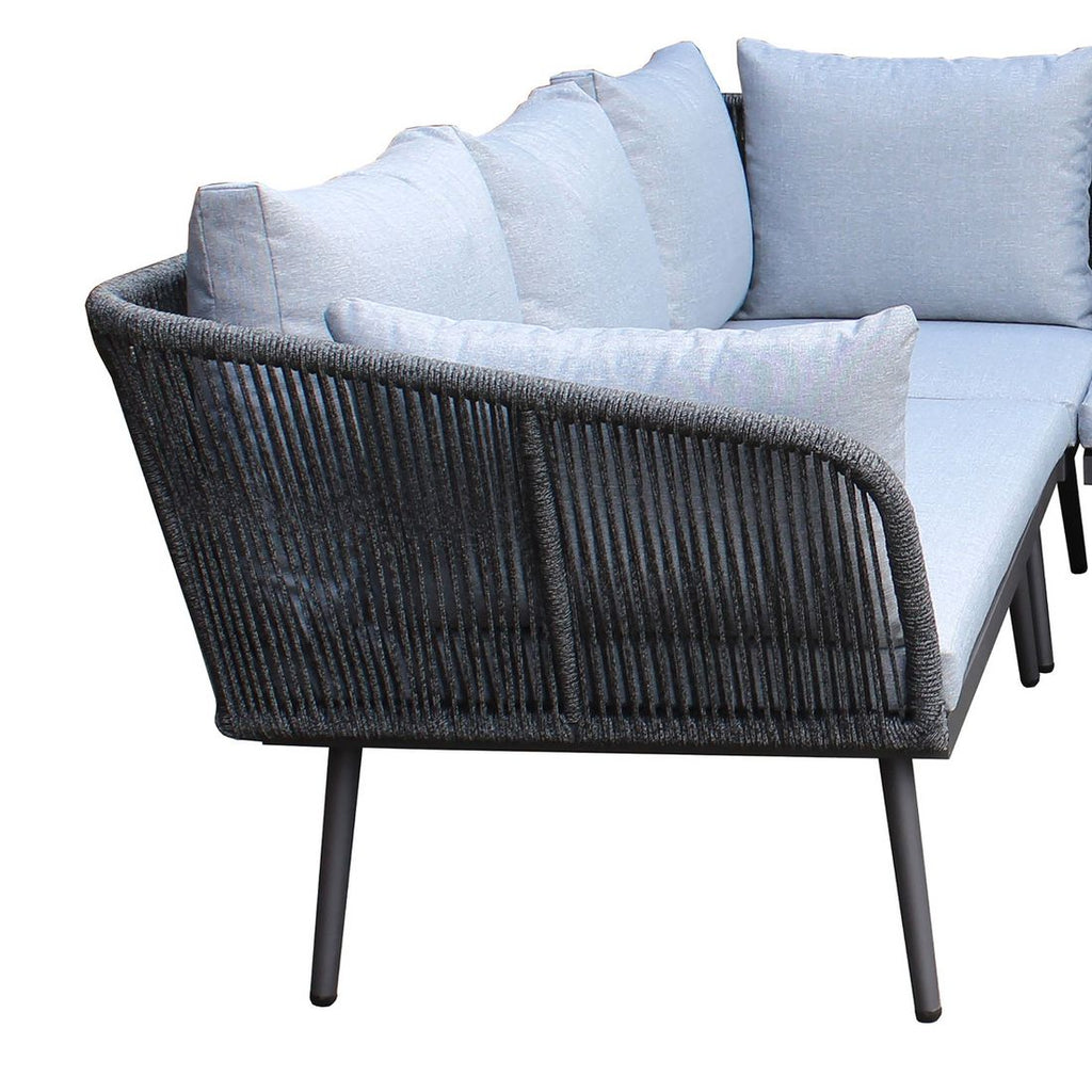 Hjørnesofa ute Saigon med loungebord aluminium tau og glassbordplate